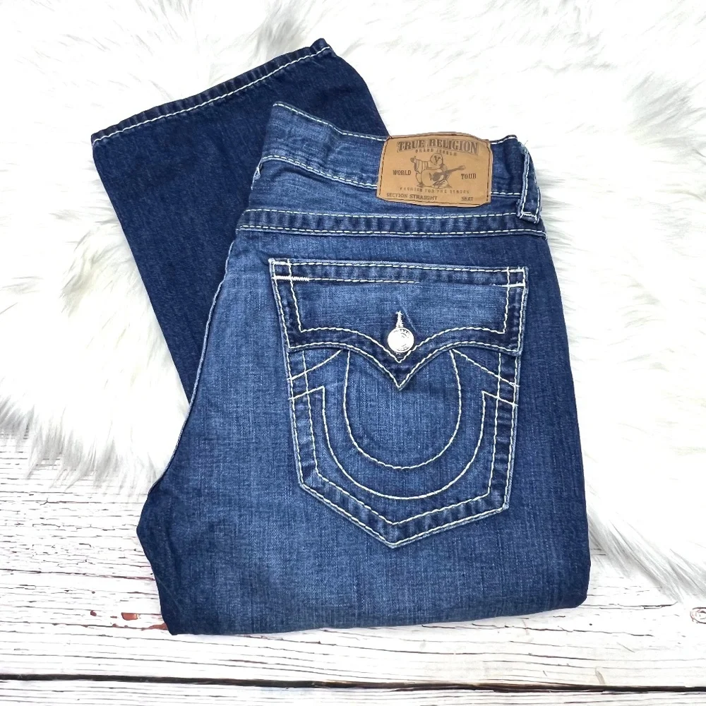 🚫SOLD! 👖|•TRUE RELIGION•| Straight Flap Natural Big T Jeans 38x33👖 - Picture 1 of 14